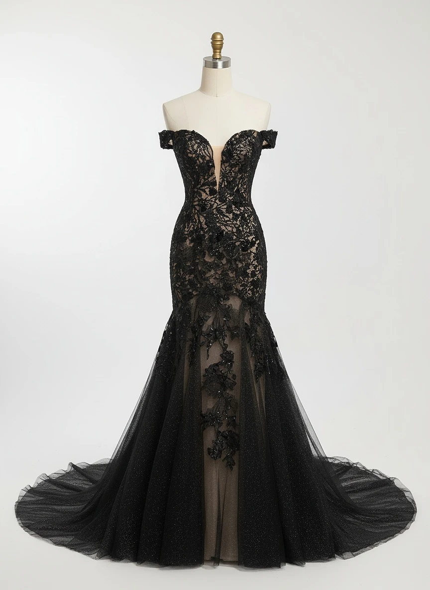 Try On & Shop Black Mermaid Wedding Dress Look | CostumePlay AI