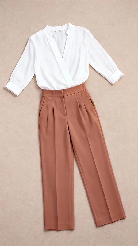 Women's Pleated Trousers & V-Neck Blouse Job Interview Outfit