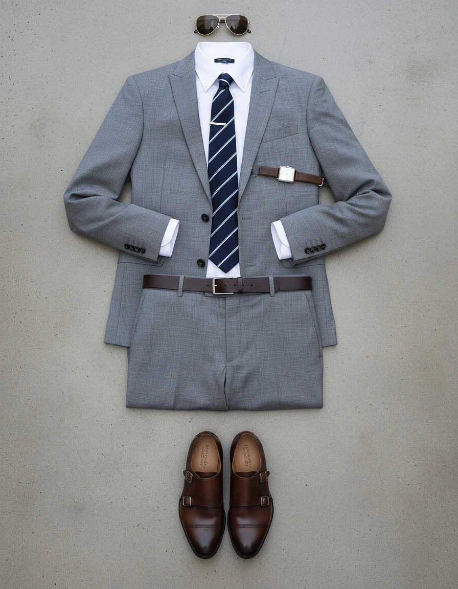 Men's Grey Suit & Navy Striped Tie Job Interview Outfit