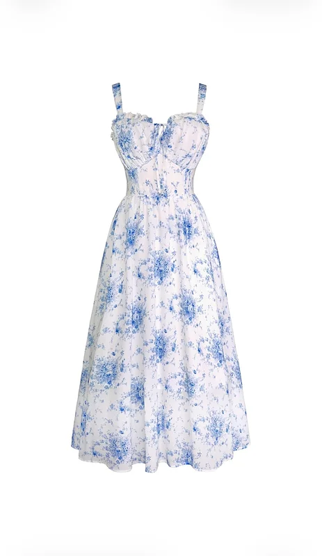 Blue Floral Corset Long Milkmaid Dress