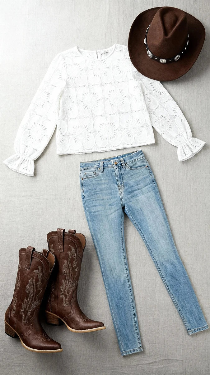 Crochet Lace Top Cowgirl Outfit With Brown Hat & Boots