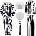 Jeyiour 5 Pcs Black and White Striped Halloween Suit Costume Set with Suit, Pants, White Wig