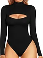 MANGOPOP Women's Mock Neck Cutout Front Bodysuit Long Sleeve 